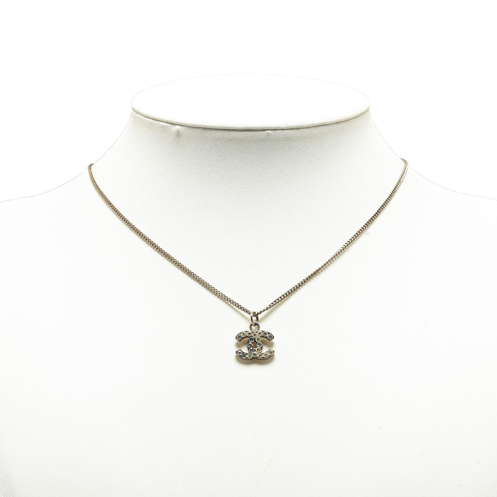 Chanel Silver Plated CC Rhinestones Pendant Necklace
