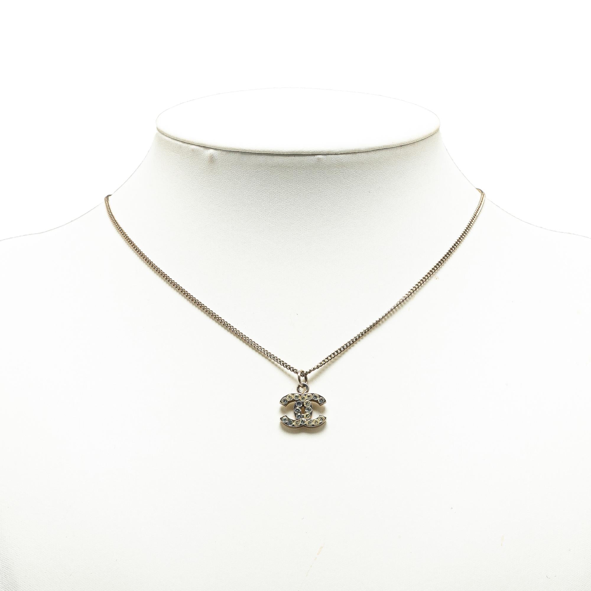 Chanel Silver Plated CC Rhinestones Pendant Necklace