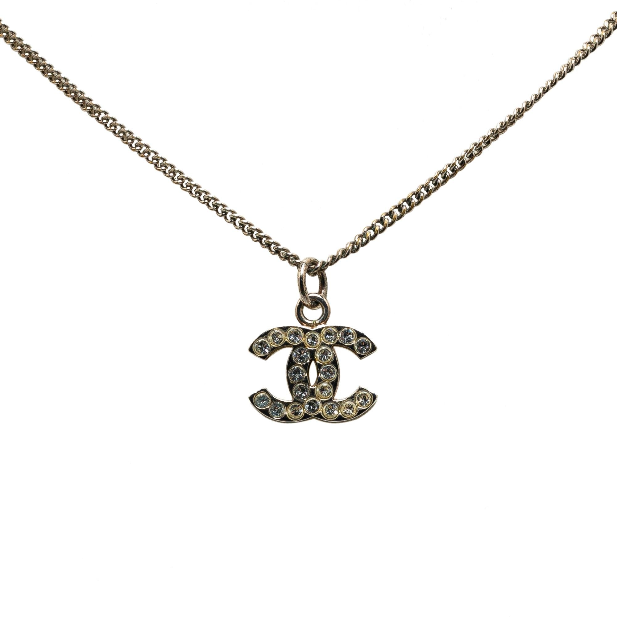 Chanel Silver Plated CC Rhinestones Pendant Necklace