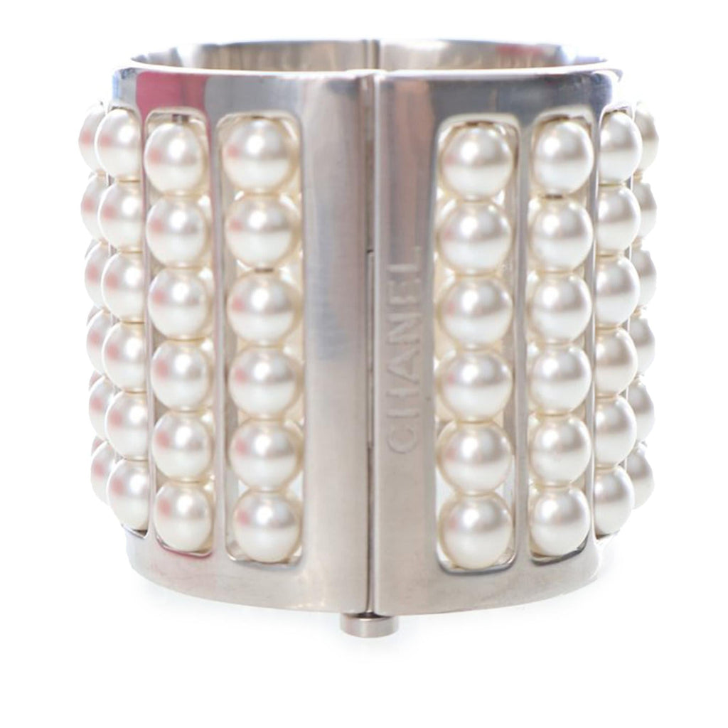 Chanel Silver Plated Wide Pearl Cuff Bracelet