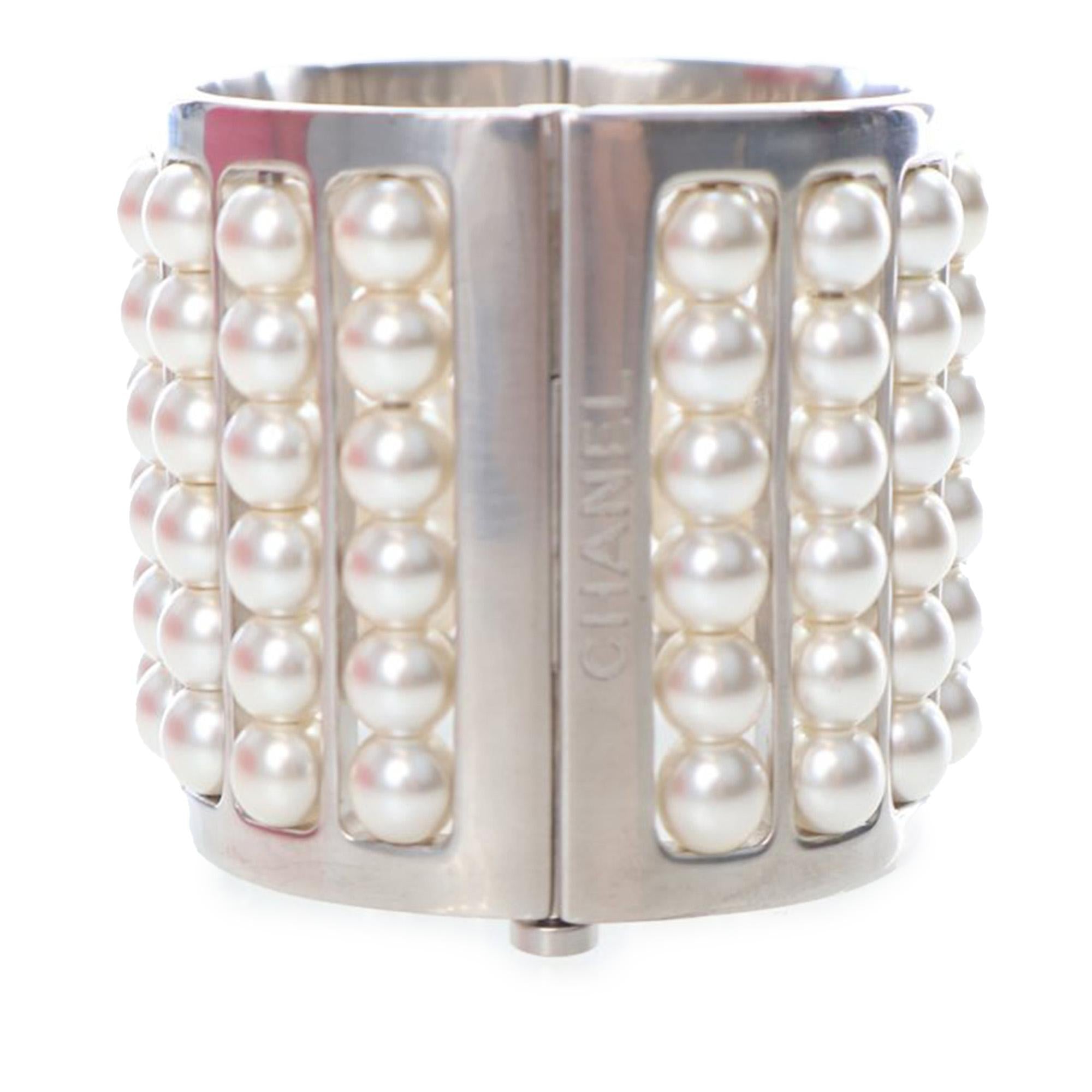 Chanel Silver Plated Wide Pearl Cuff Bracelet