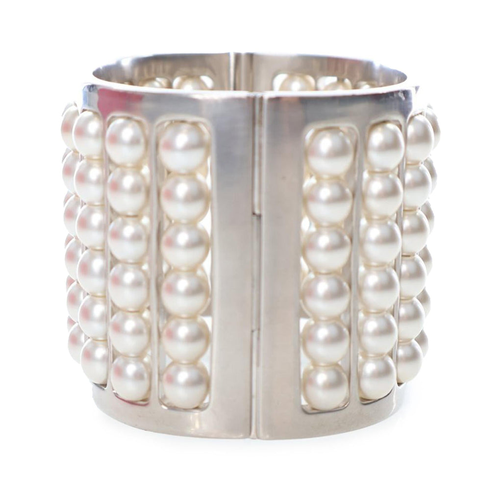 Chanel Silver Plated Wide Pearl Cuff Bracelet