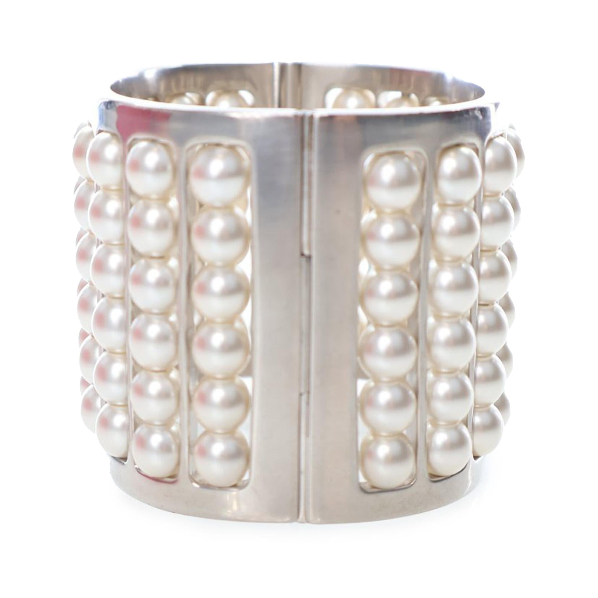 Chanel Silver Plated Wide Pearl Cuff Bracelet