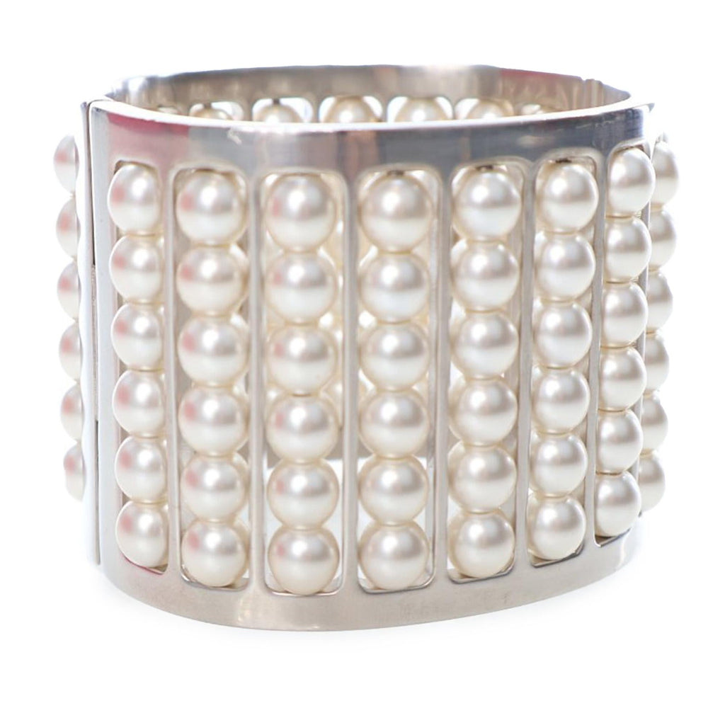 Chanel Silver Plated Wide Pearl Cuff Bracelet