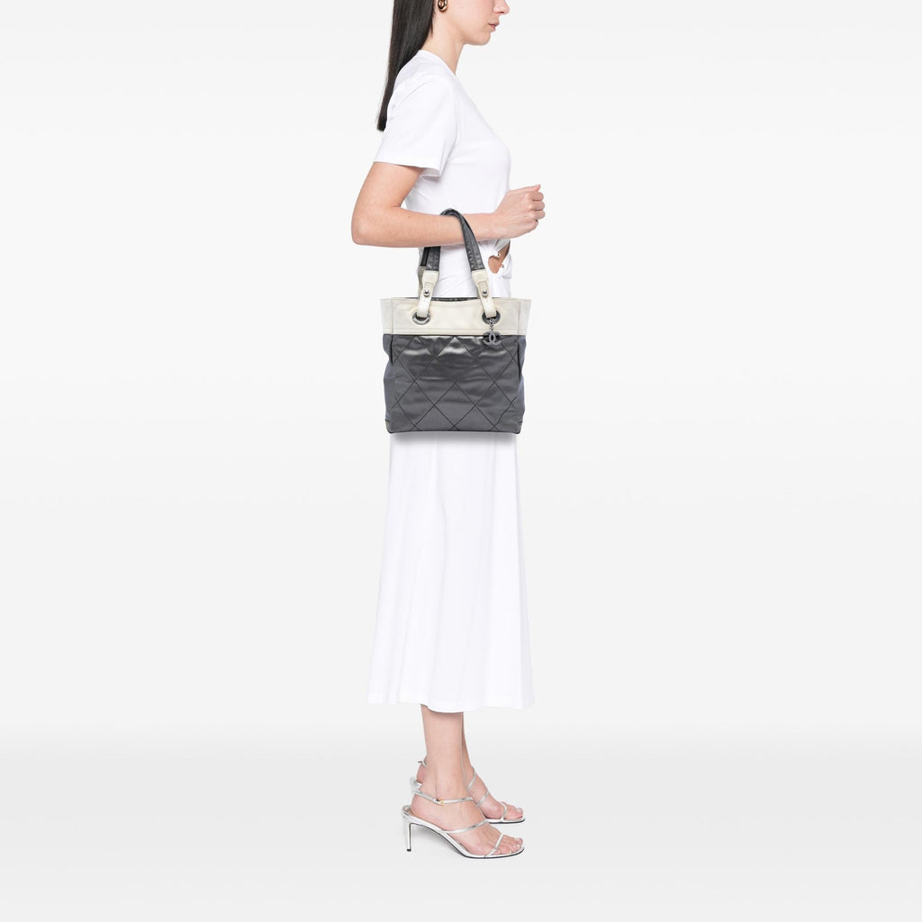 Chanel Small Bicolor Quilted Coated Canvas Paris Biarritz Tote