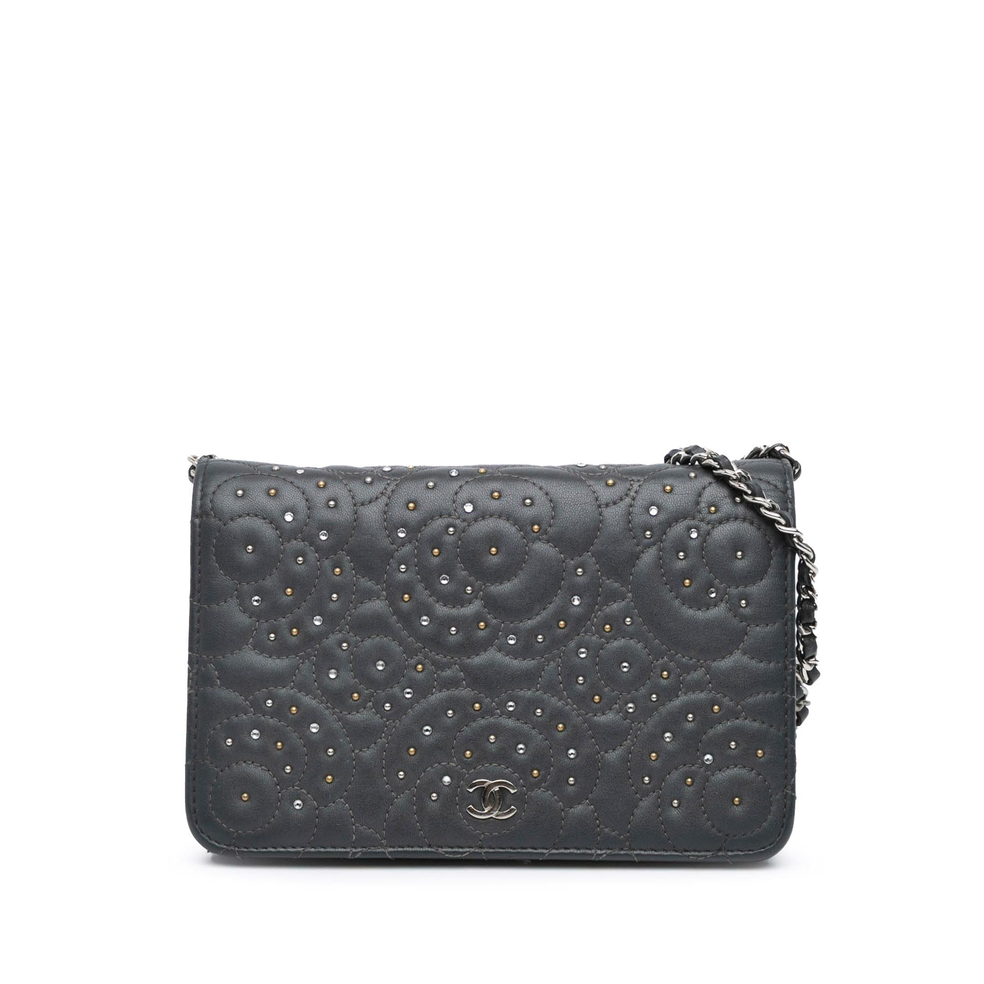 Chanel Studded Lambskin Camellia Wallet On Chain
