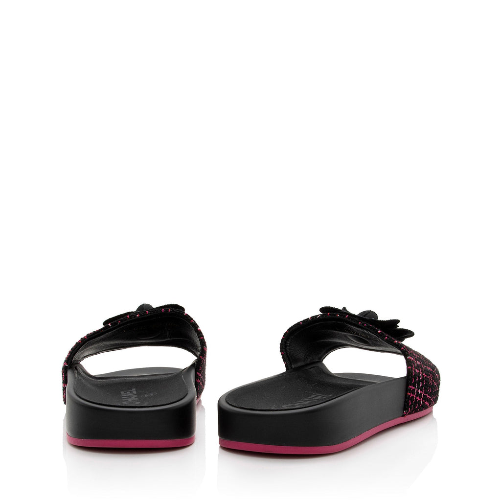 Chanel Tweed And Grosgrain Ribbon Camellia Slide Sandals - Size 8 / 38 (SHF-MS8WJl)