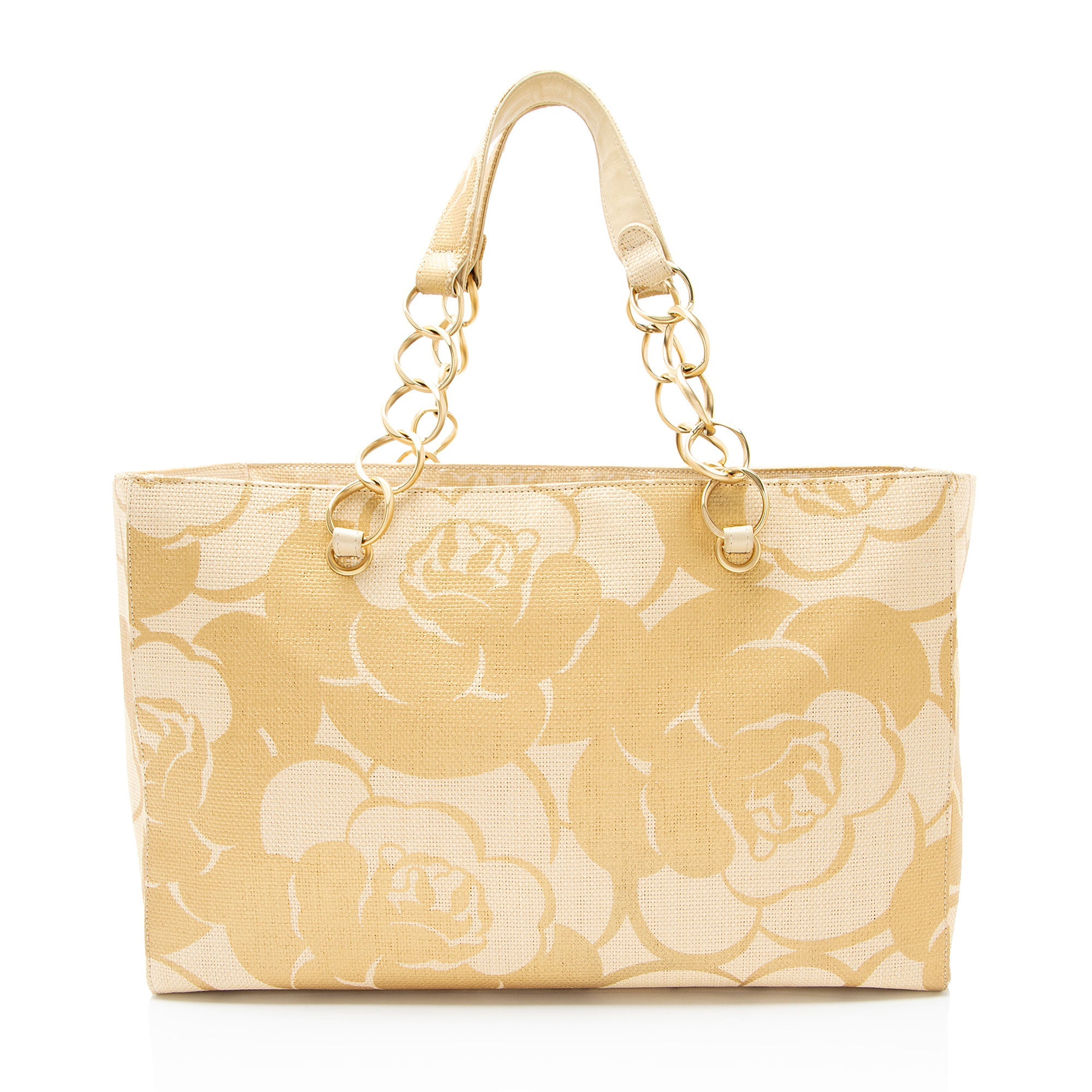 Chanel Vintage Raffia Camellia Print Chain Tote