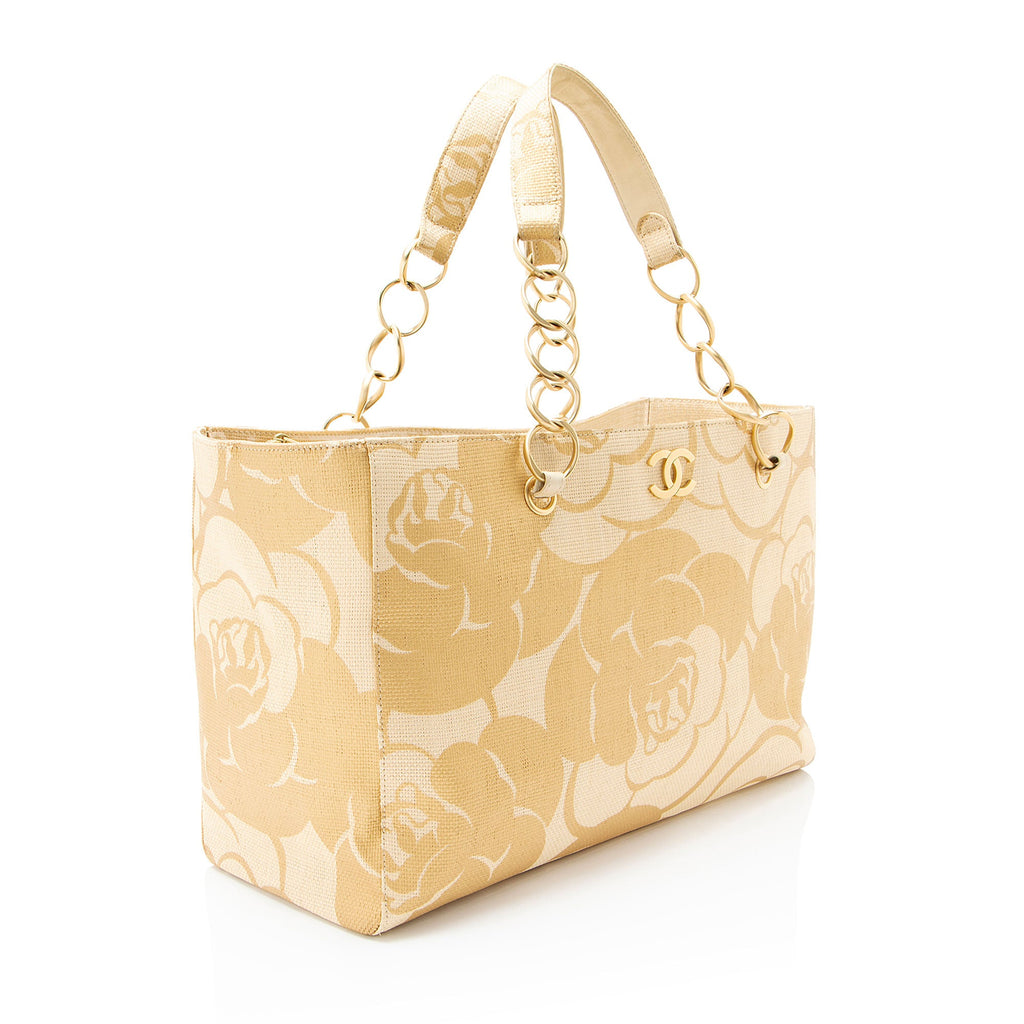 Chanel Vintage Raffia Camellia Print Chain Tote