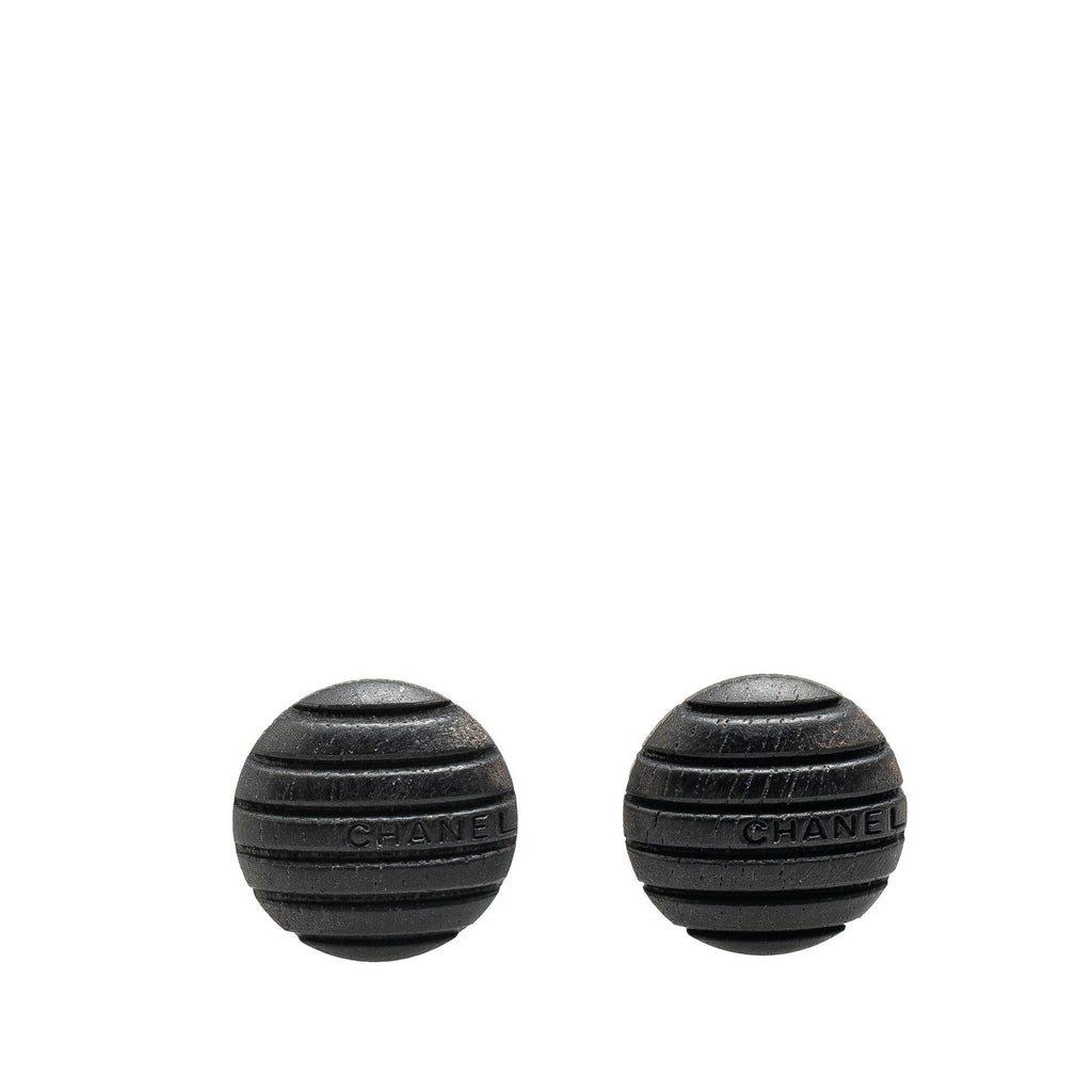 Chanel Wood Logo Button Push Back Earrings