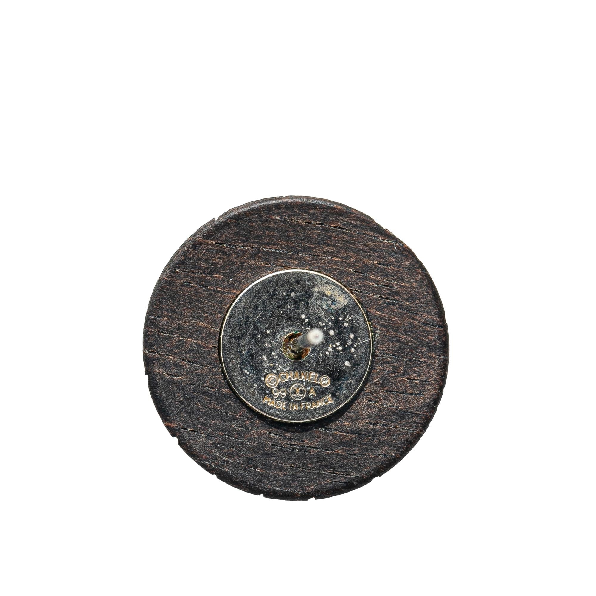 Chanel Wood Logo Button Push Back Earrings