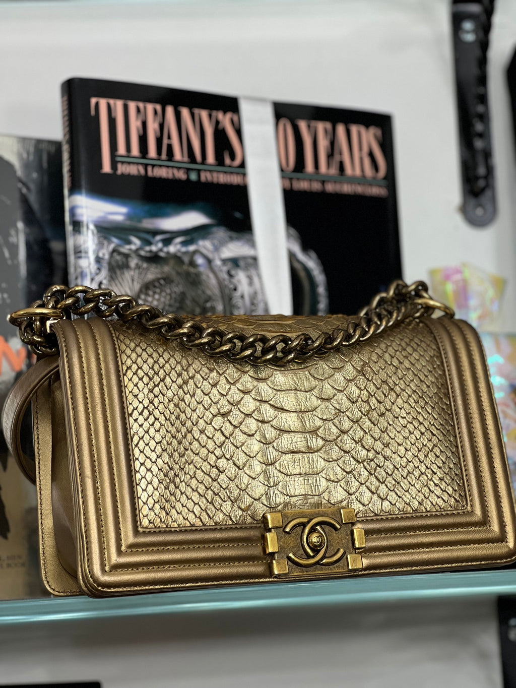 CHANEL METALLIC GOLD PYTHON LEATHER MEDIUM BOY FLAP BAG