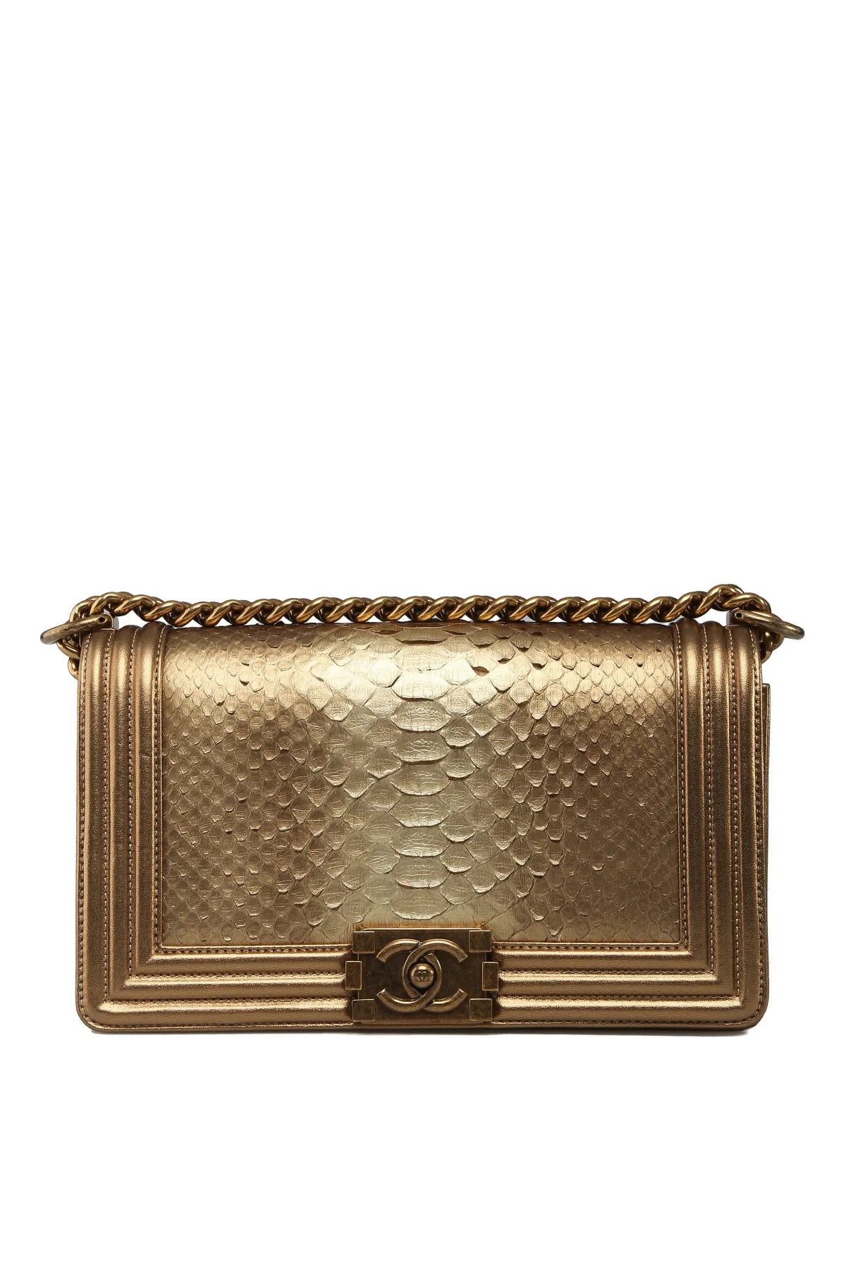 CHANEL METALLIC GOLD PYTHON LEATHER MEDIUM BOY FLAP BAG