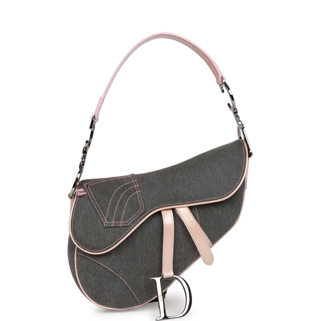 Christian Dior Saddle Bag Grey Denim and Pink Metallic Leather Silver Hardware