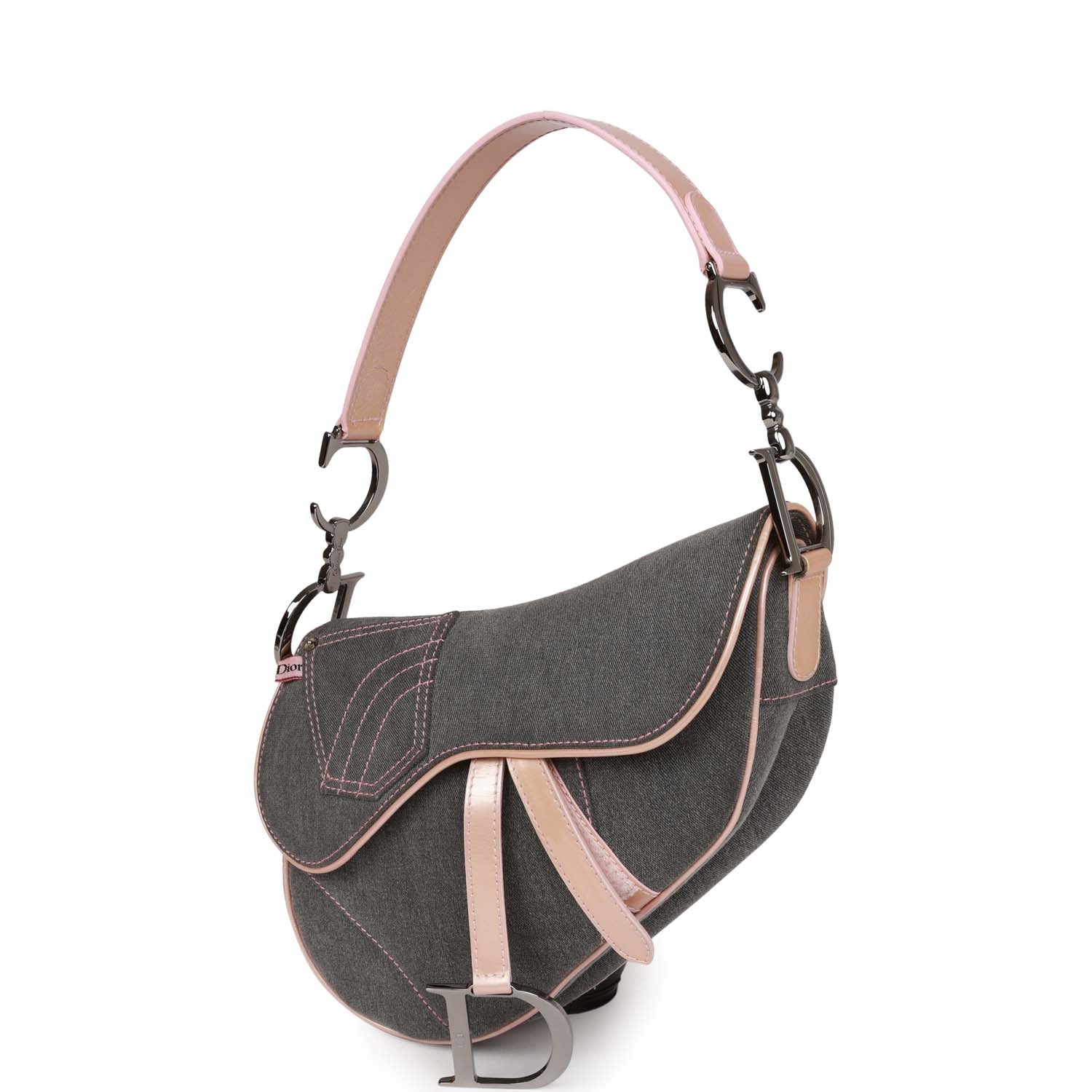 Christian Dior Saddle Bag Grey Denim and Pink Metallic Leather Silver Hardware