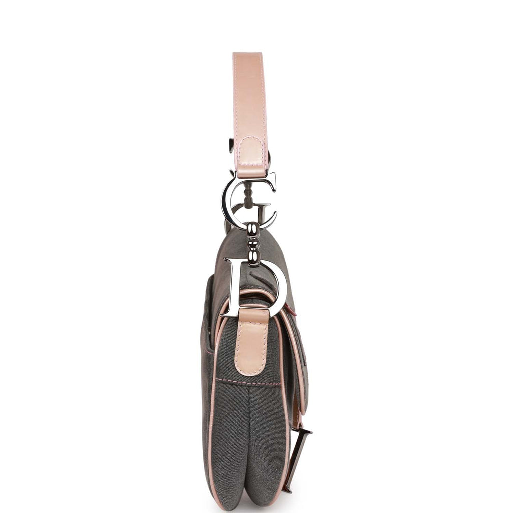Christian Dior Saddle Bag Grey Denim and Pink Metallic Leather Silver Hardware