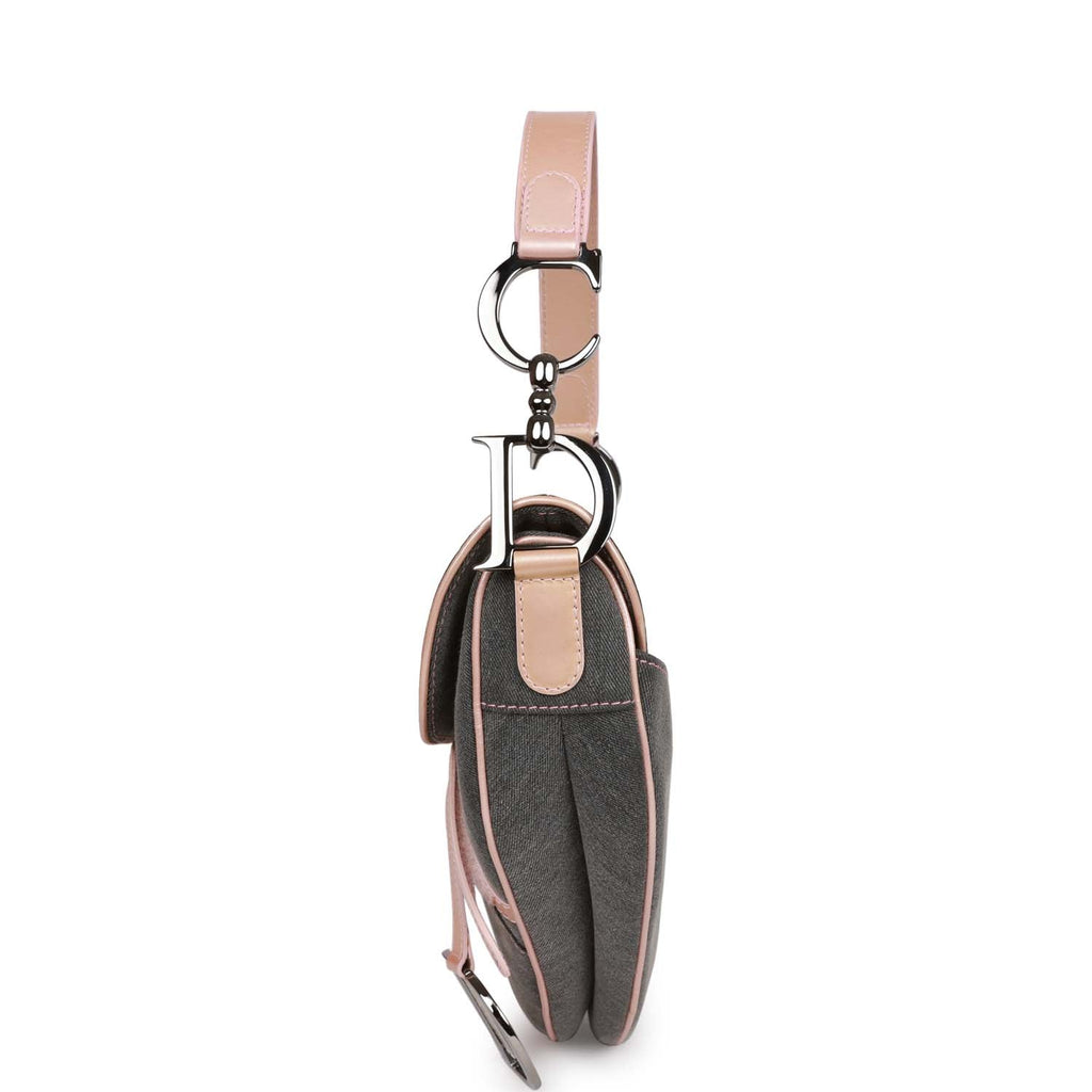 Christian Dior Saddle Bag Grey Denim and Pink Metallic Leather Silver Hardware