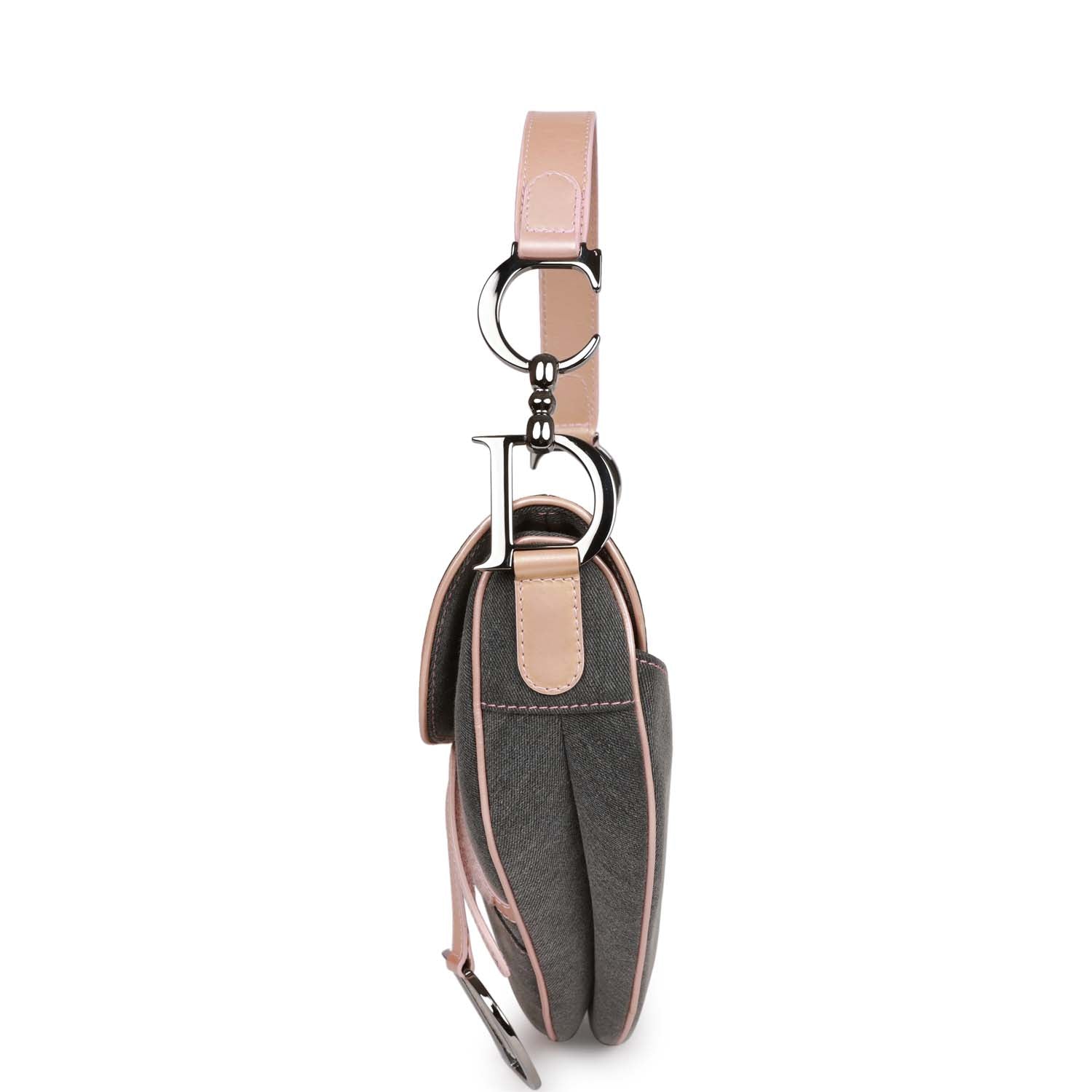 Christian Dior Saddle Bag Grey Denim and Pink Metallic Leather Silver Hardware