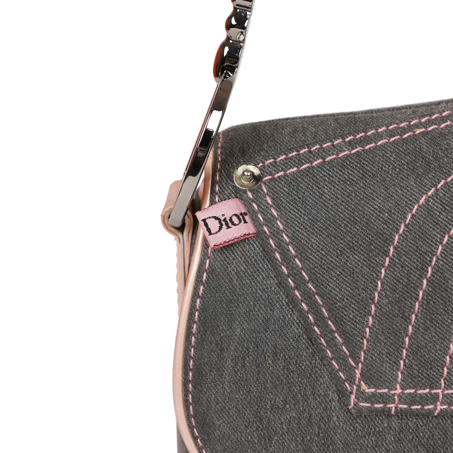 Christian Dior Saddle Bag Grey Denim and Pink Metallic Leather Silver Hardware