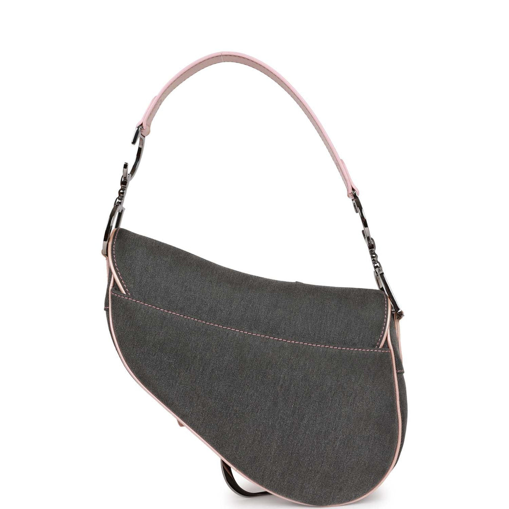 Christian Dior Saddle Bag Grey Denim and Pink Metallic Leather Silver Hardware