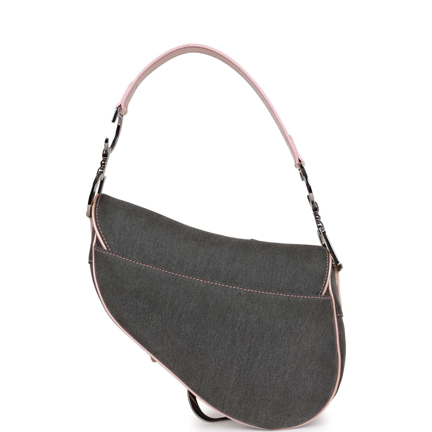 Christian Dior Saddle Bag Grey Denim and Pink Metallic Leather Silver Hardware