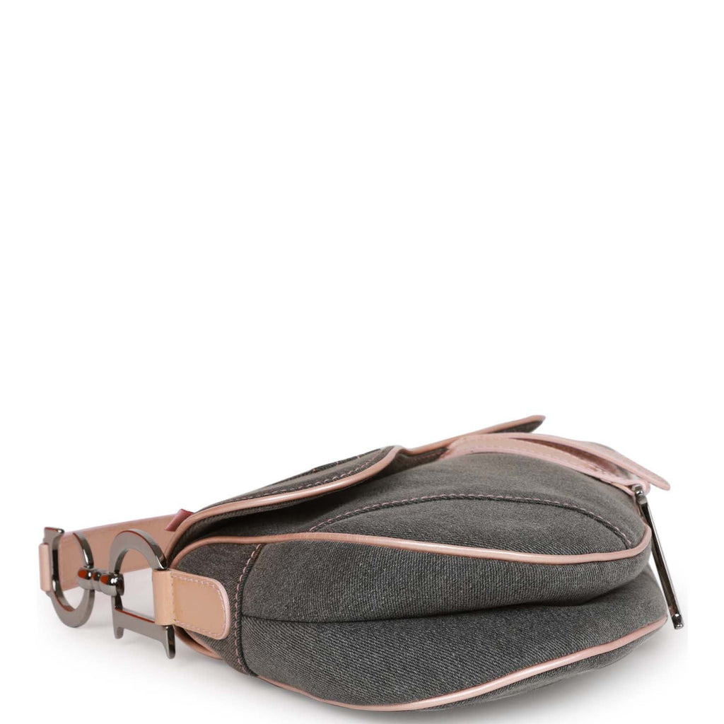 Christian Dior Saddle Bag Grey Denim and Pink Metallic Leather Silver Hardware