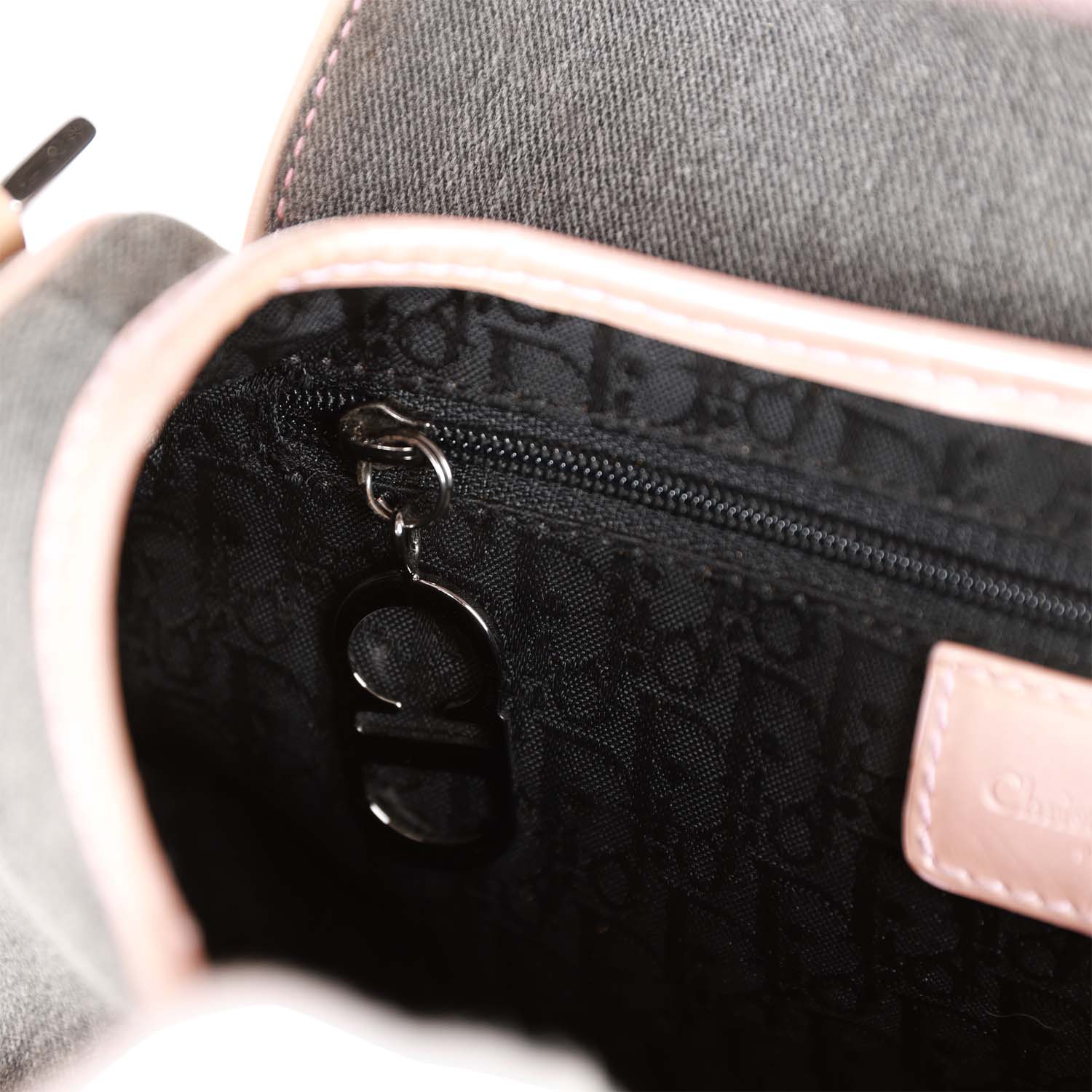 Christian Dior Saddle Bag Grey Denim and Pink Metallic Leather Silver Hardware