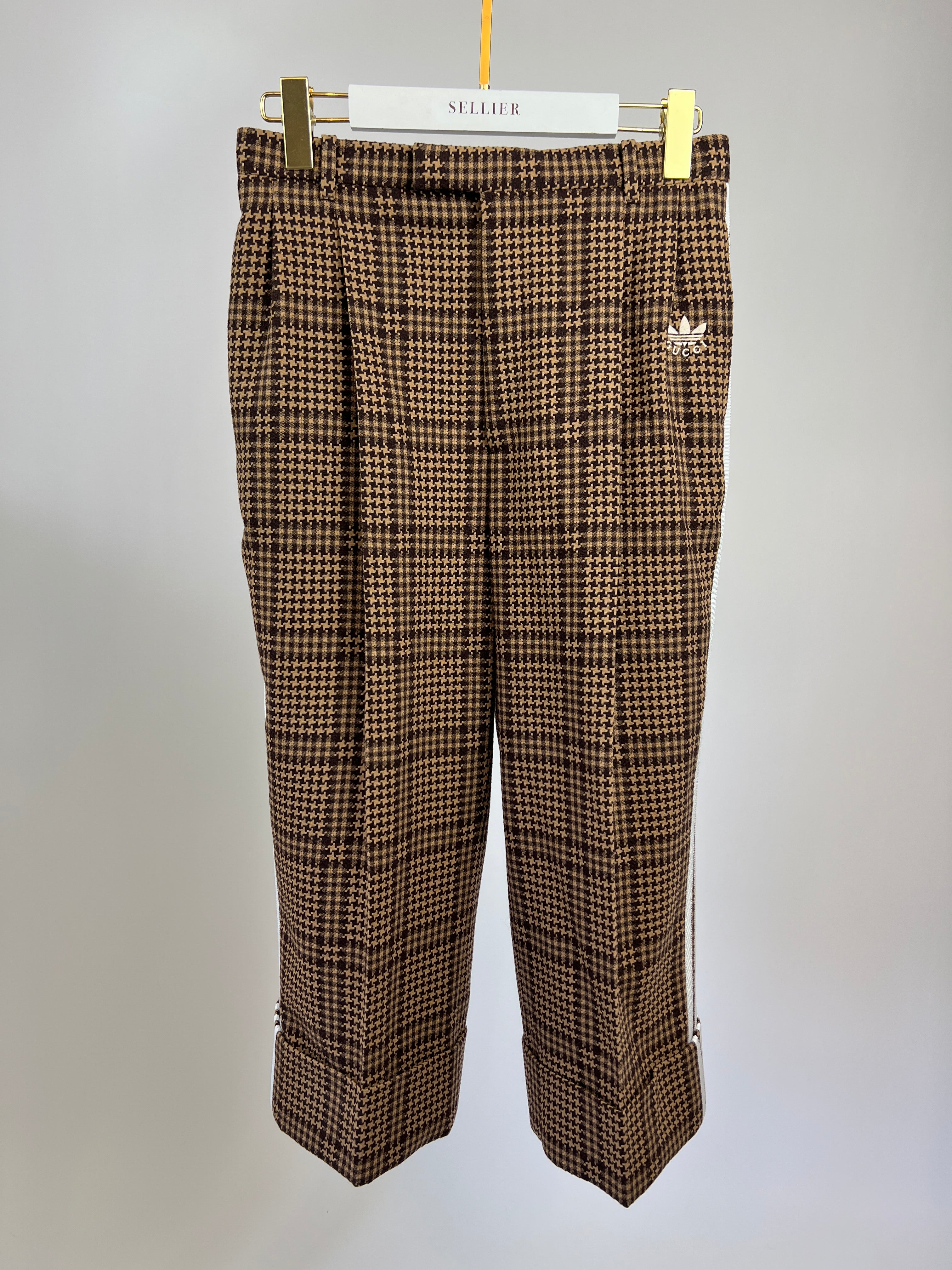 Gucci X Adidas Brown Check Wool Trousers with White Stripe Side Detail Size IT 42 (UK 10)