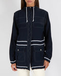 Chanel Navy and White Silk Hooded Jacket with Stitch Details and Drawstrings with Silver CC Logo Buttons Size FR 36 (UK 8)