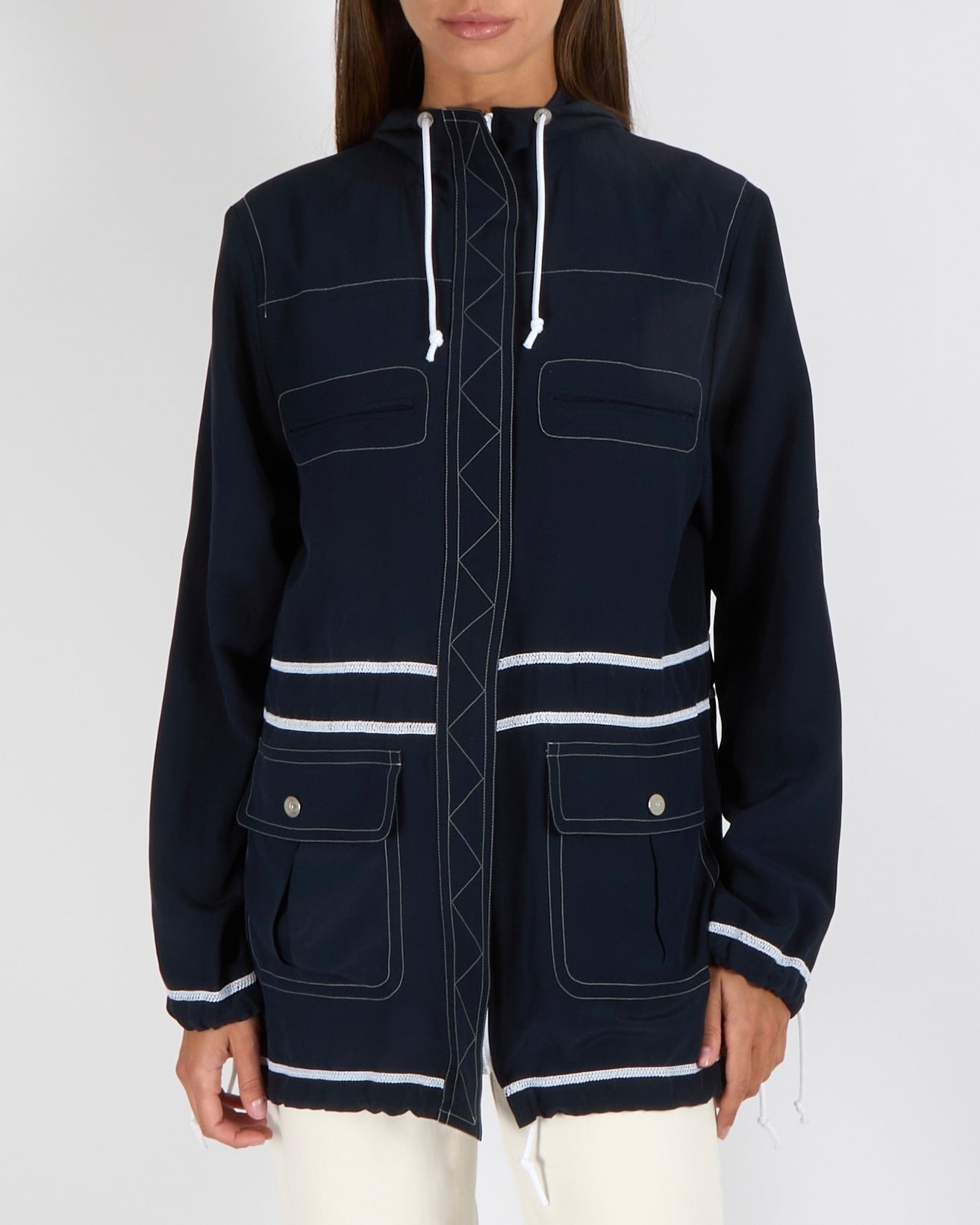 Chanel Navy and White Silk Hooded Jacket with Stitch Details and Drawstrings with Silver CC Logo Buttons Size FR 36 (UK 8)