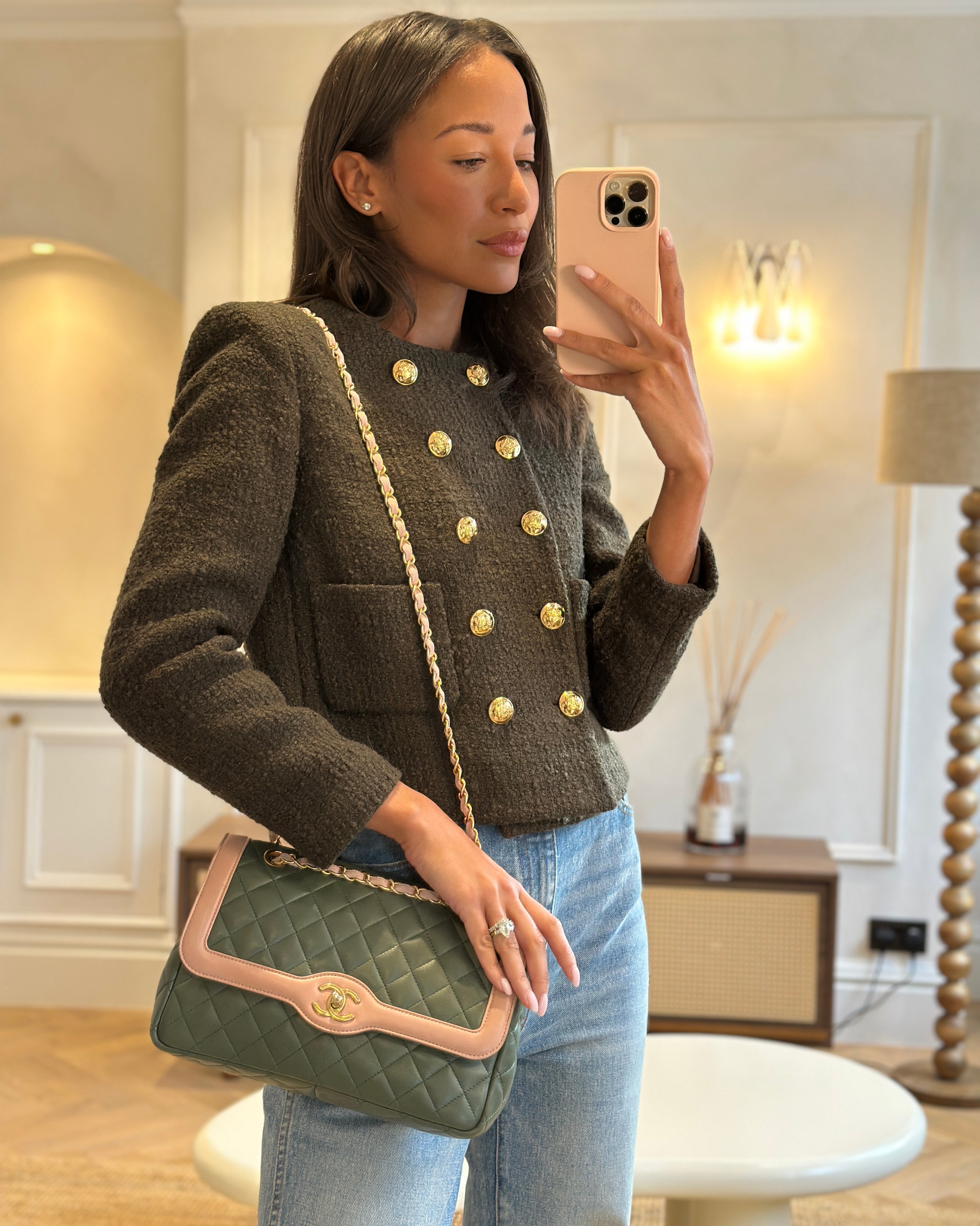 Chanel Khaki and Pink Single Flap Bag in Lambskin Leather with Gold Hardware
