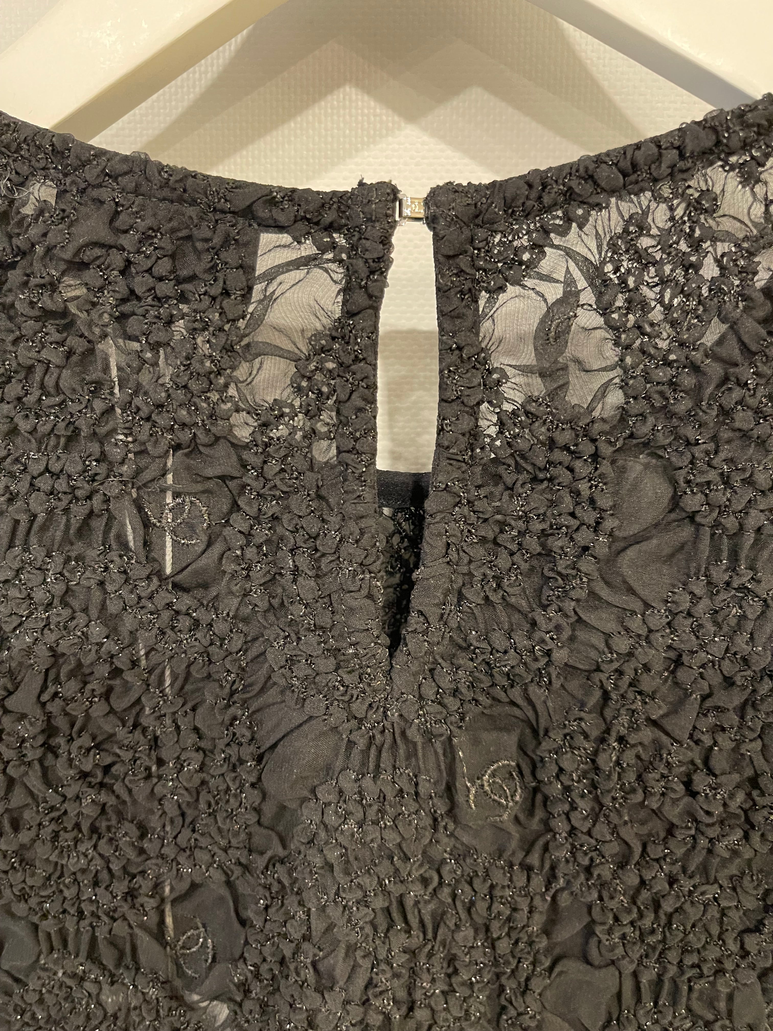 Chanel Black Lace Tulle Top and Cyclist Shorts Set with Camellia Details and Crystal CC Logos Size FR 34 (UK 6)