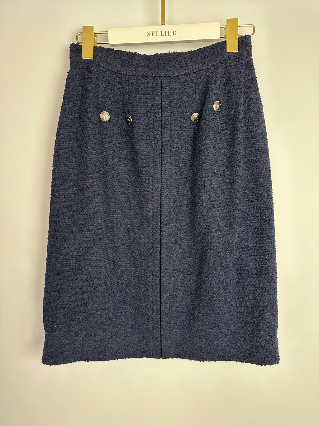 Chanel 97A Navy Wool Long Sleeve Jacket and Pencil Skirt Set with Red, Blue, Green and Yellow Neckline Applique Detail Size FR 38 (UK 10)