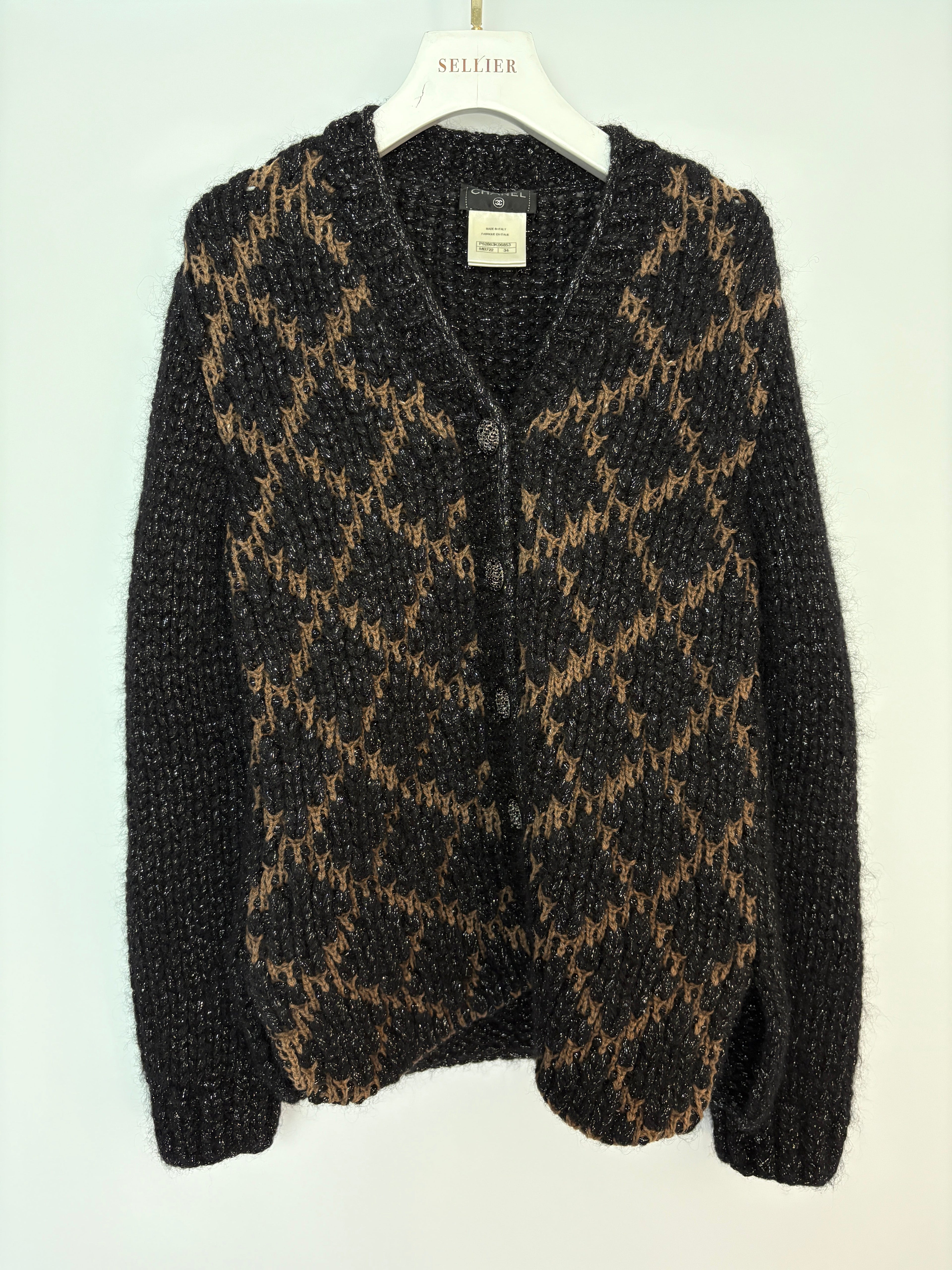 Chanel 15 F/W  Black and Brown Quilted Mohair Cardigan with Silver Threads and Black Chain Button Details Size FR 34 (UK 6)