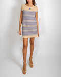 Chanel Cruise 2019 Beige, Gold and Blue Striped Linen Mini Skirt and Top Set with CC Logo and CC Logo Gold Buttons Size FR 36/38 (UK 8/10)