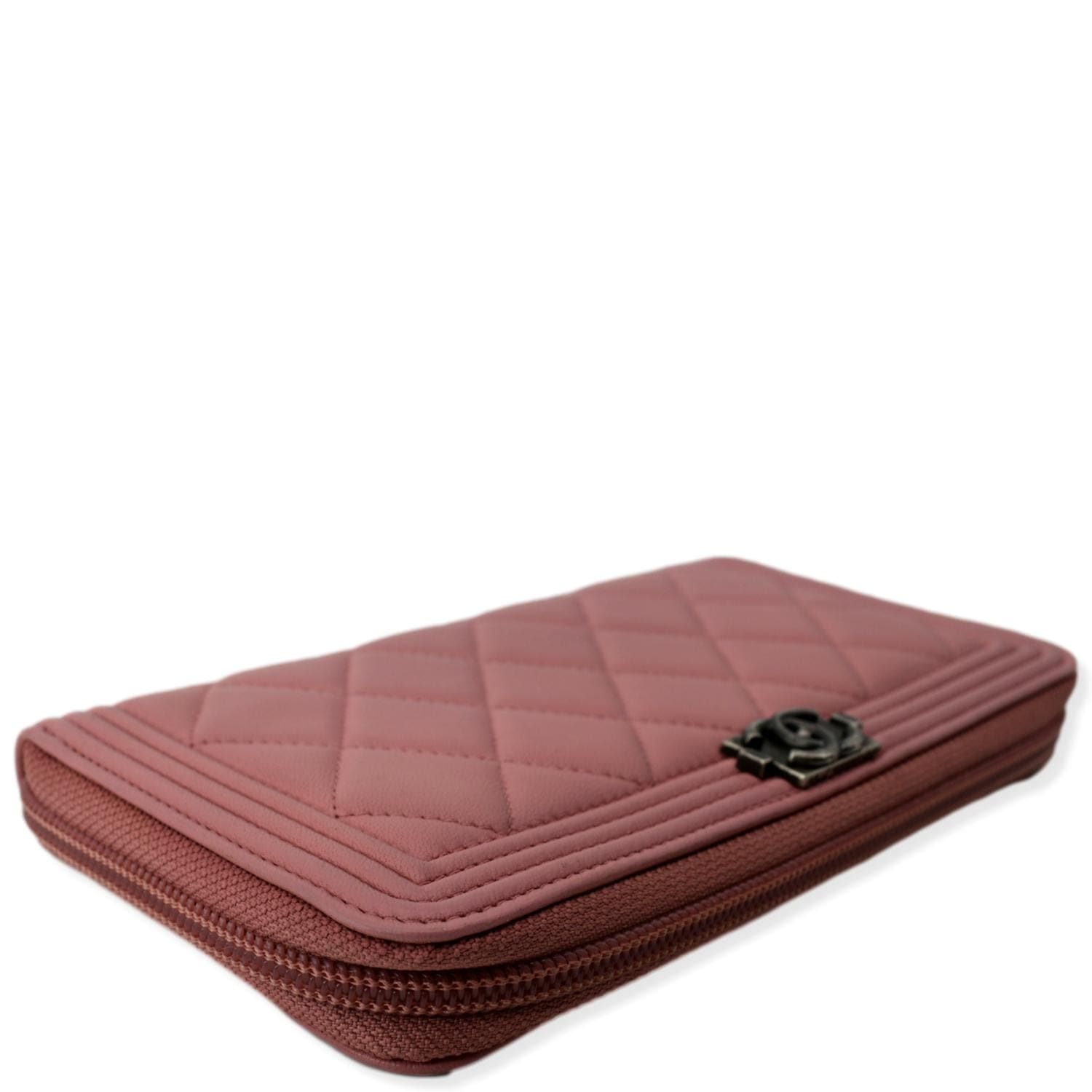 CHANEL Small Boy Lambskin Zip Around Long Wallet Pink