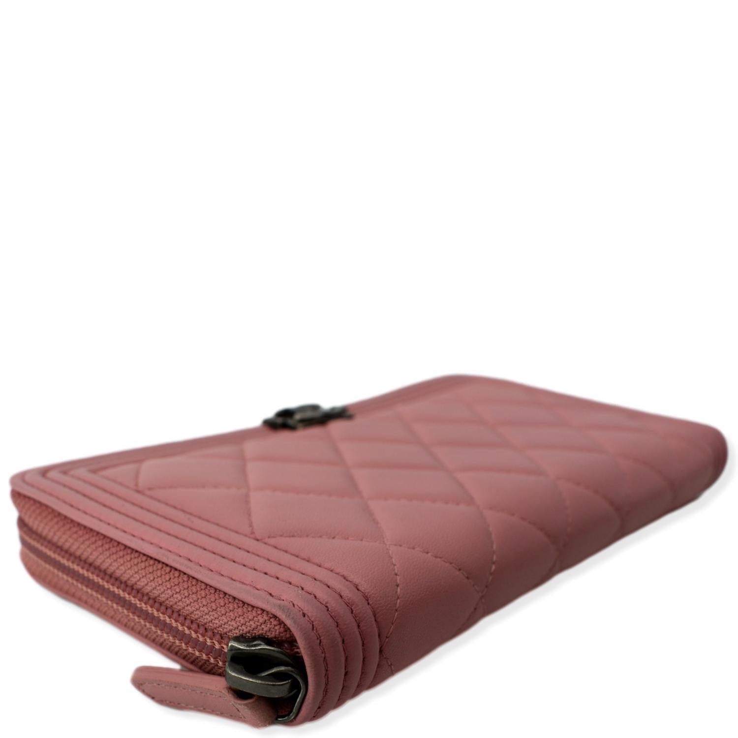 CHANEL Small Boy Lambskin Zip Around Long Wallet Pink