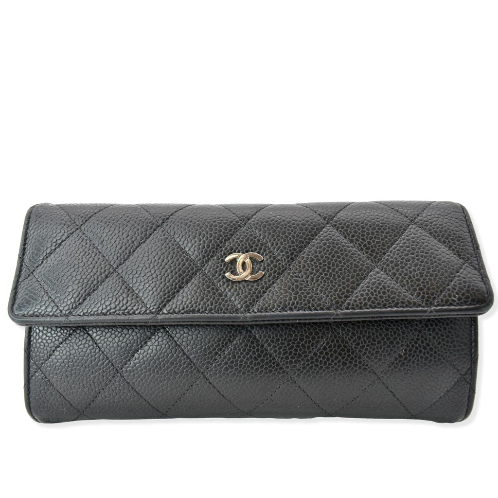 CHANEL Gusset Flap Caviar Leather Wallet Black