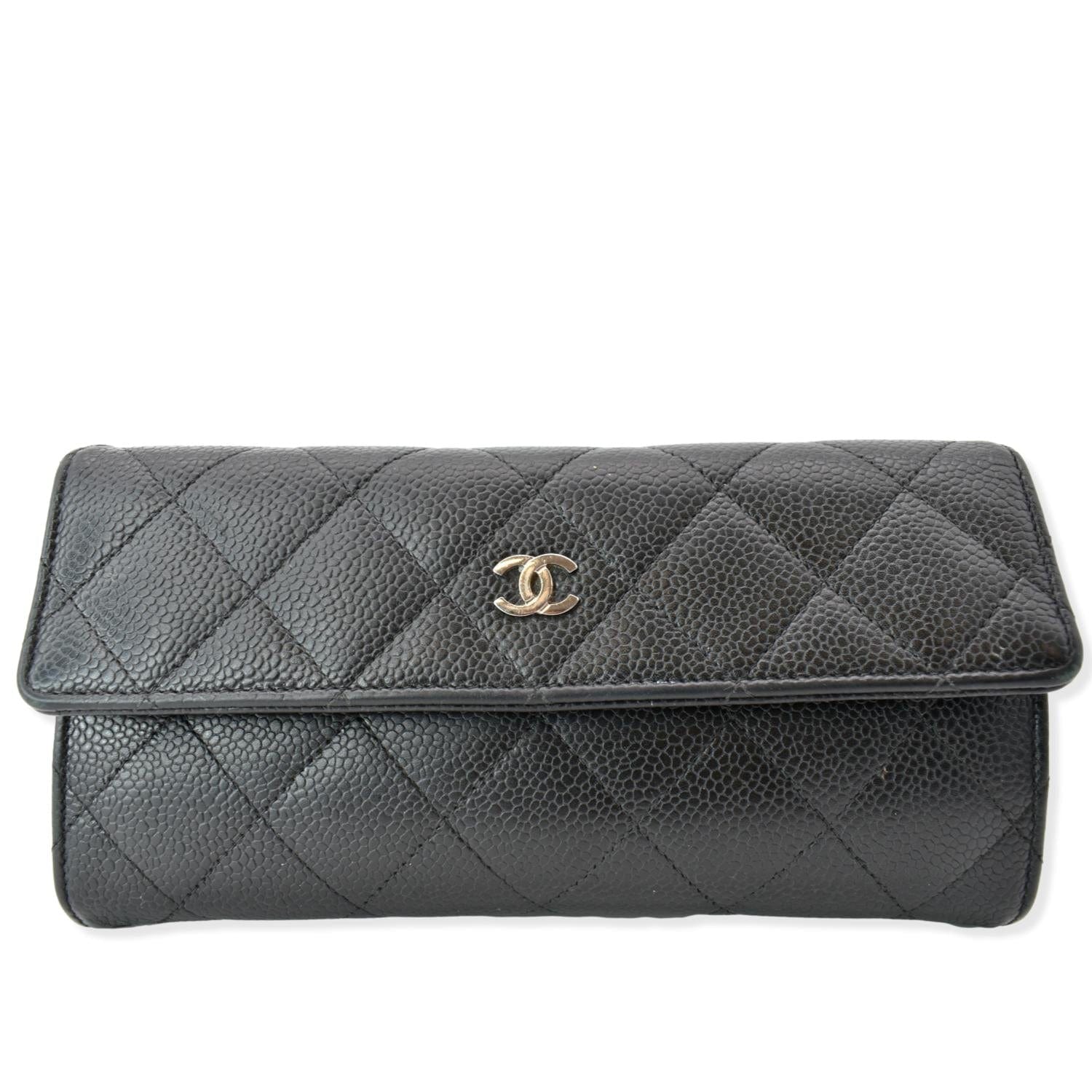 CHANEL Gusset Flap Caviar Leather Wallet Black