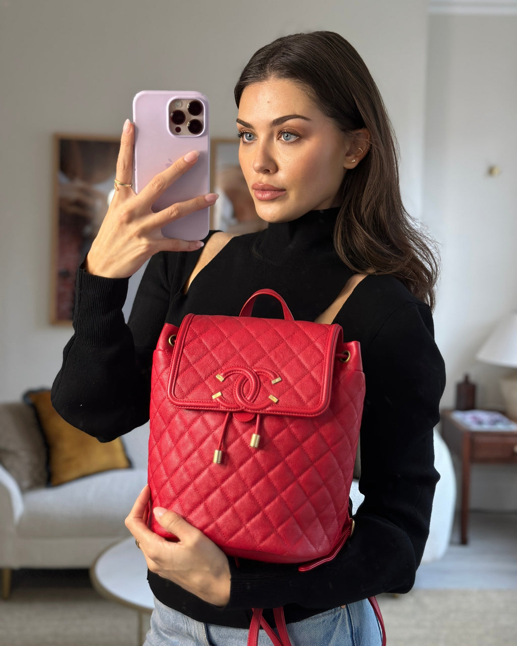 Chanel Red Filigree Quilted Backpack in Caviar Leather with Brushed Gold Hardware