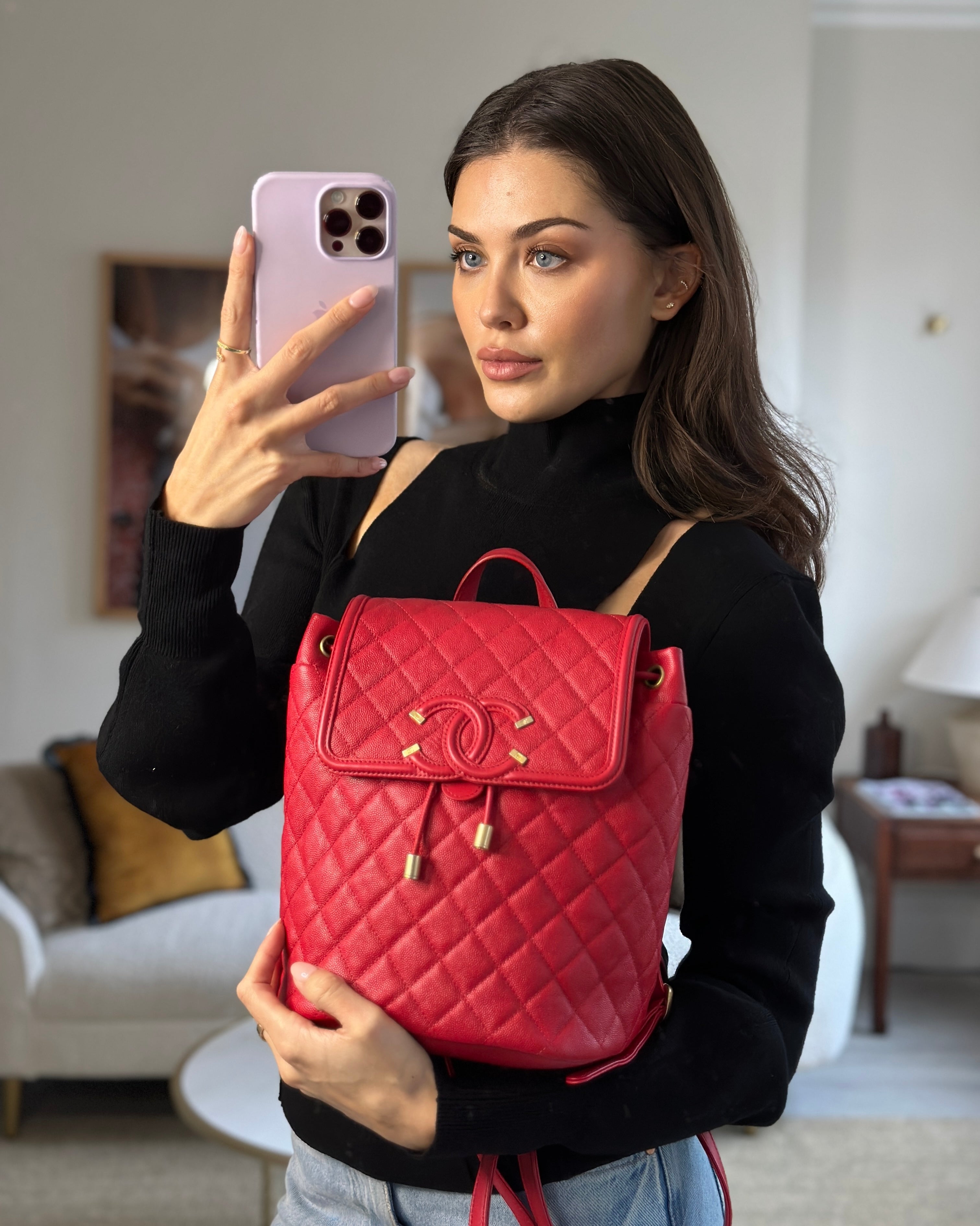 Chanel Red Filigree Quilted Backpack in Caviar Leather with Brushed Gold Hardware