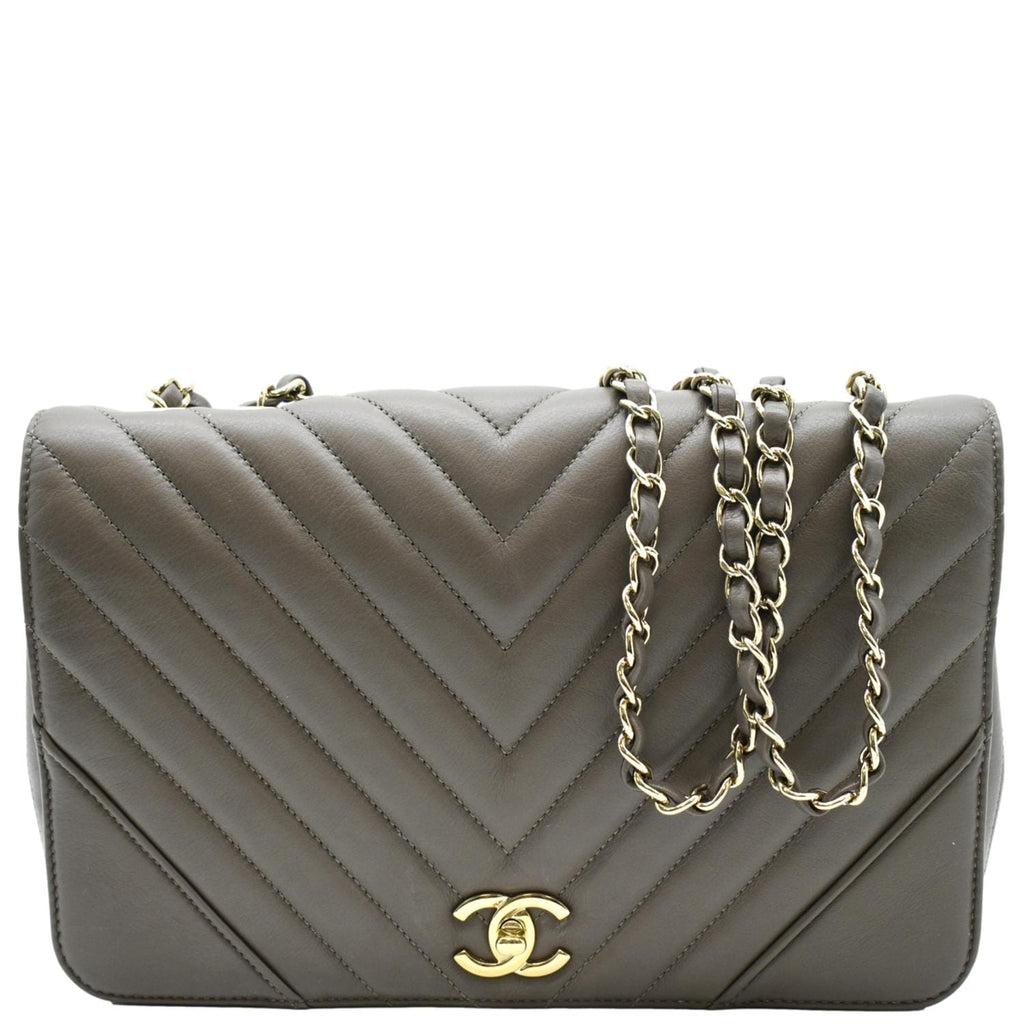 CHANEL Statement Medium Flap Quilted Chevron Crossbody Bag Khaki