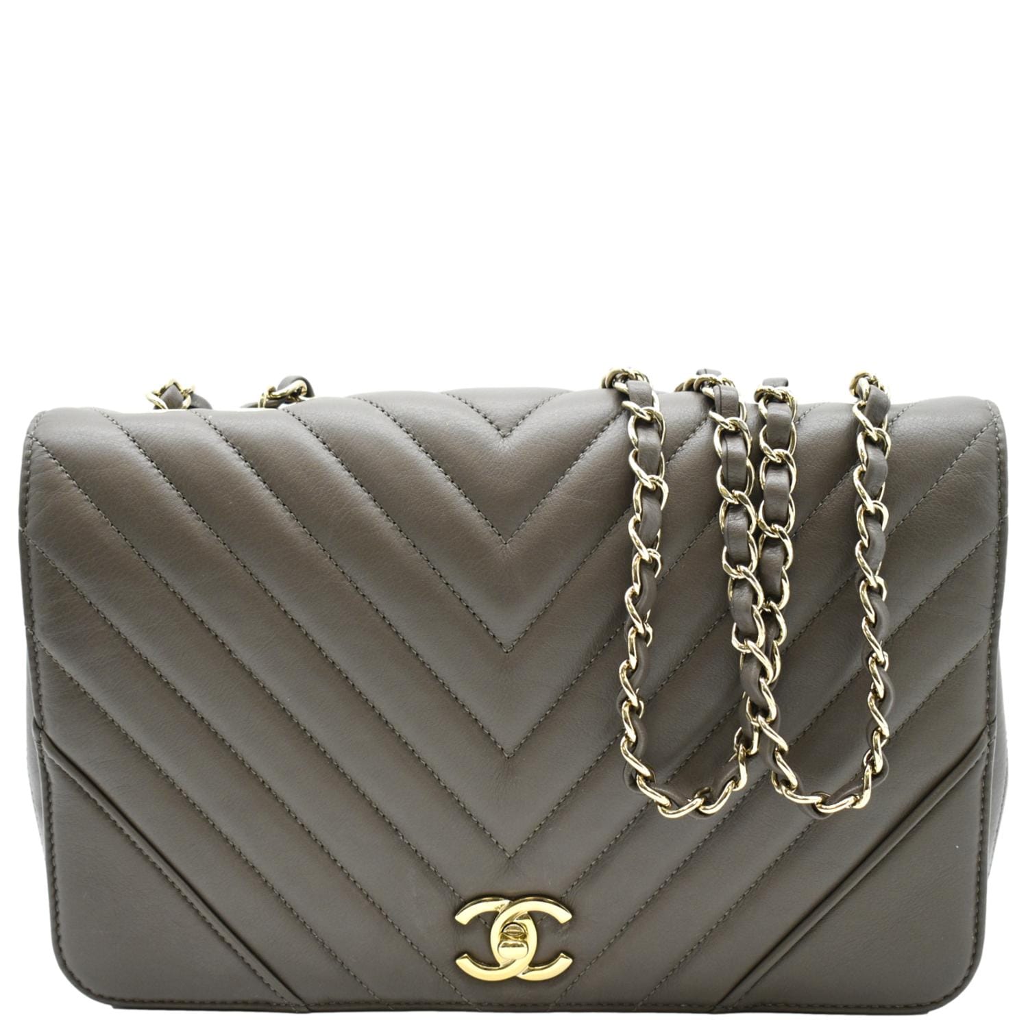 CHANEL Statement Medium Flap Quilted Chevron Crossbody Bag Khaki