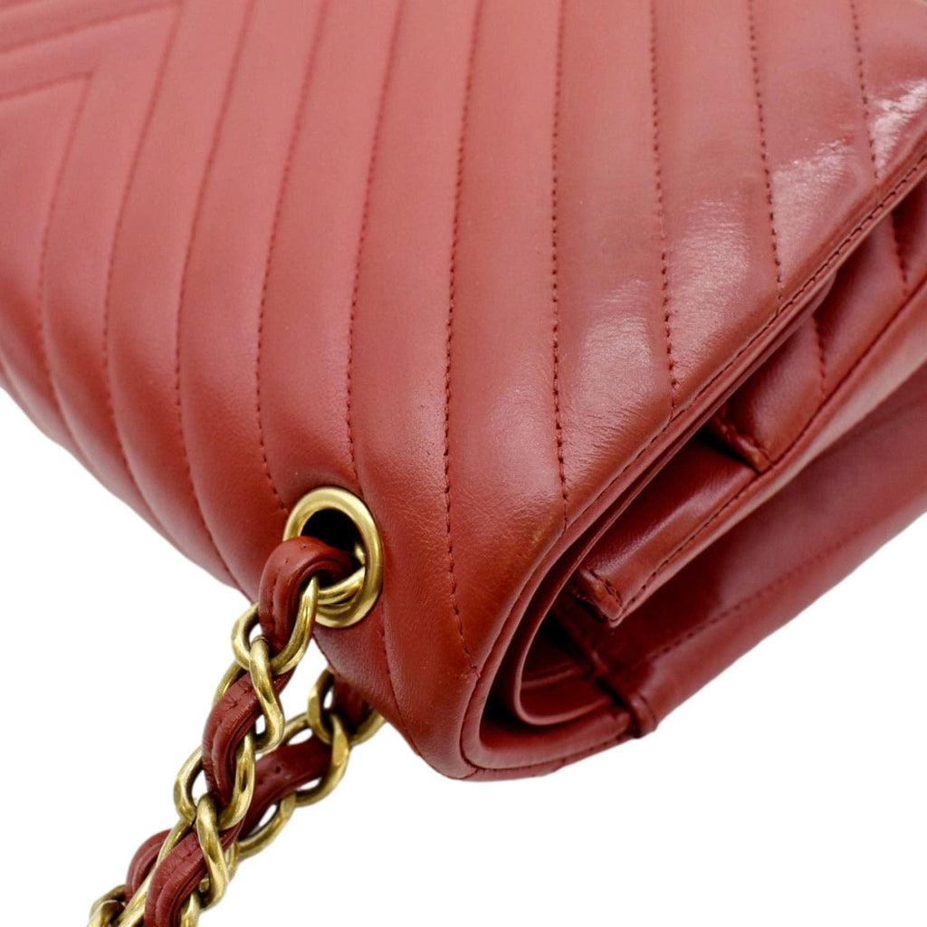 CHANEL Chevron Jumbo Rectangular Flap Quilted Leather Shoulder Bag Red (Repainted)