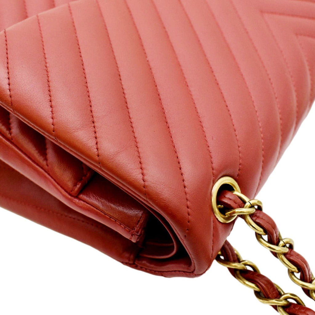 CHANEL Chevron Jumbo Rectangular Flap Quilted Leather Shoulder Bag Red (Repainted)