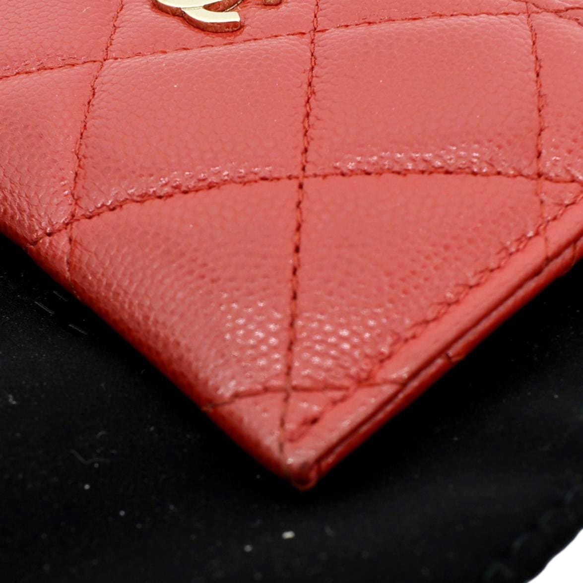 CHANEL CC Card Holder Quilted Caviar Leather Wallet Red