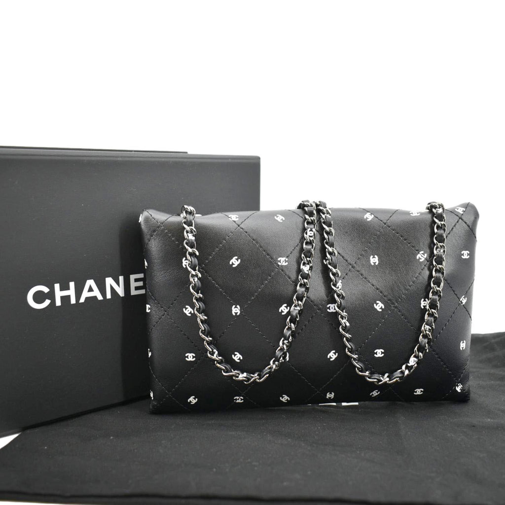 CHANEL CC Envelope Printed Lambskin Leather Chain Clutch Bag Black