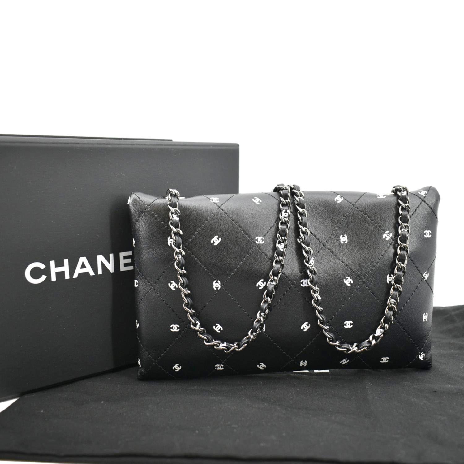 CHANEL CC Envelope Printed Lambskin Leather Chain Clutch Bag Black