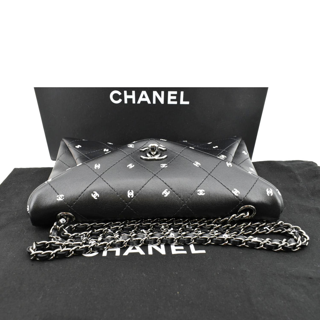 CHANEL CC Envelope Printed Lambskin Leather Chain Clutch Bag Black