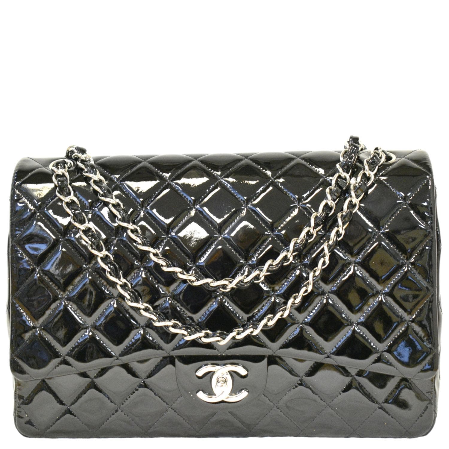 CHANEL Classic Maxi Double Flap Quilted Patent Leather Shoulder Bag Black